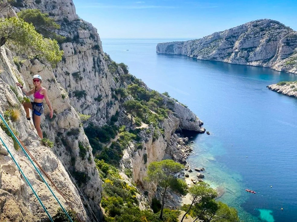Rock climbing on famous limestones cliffs of Calanques in Marseille city